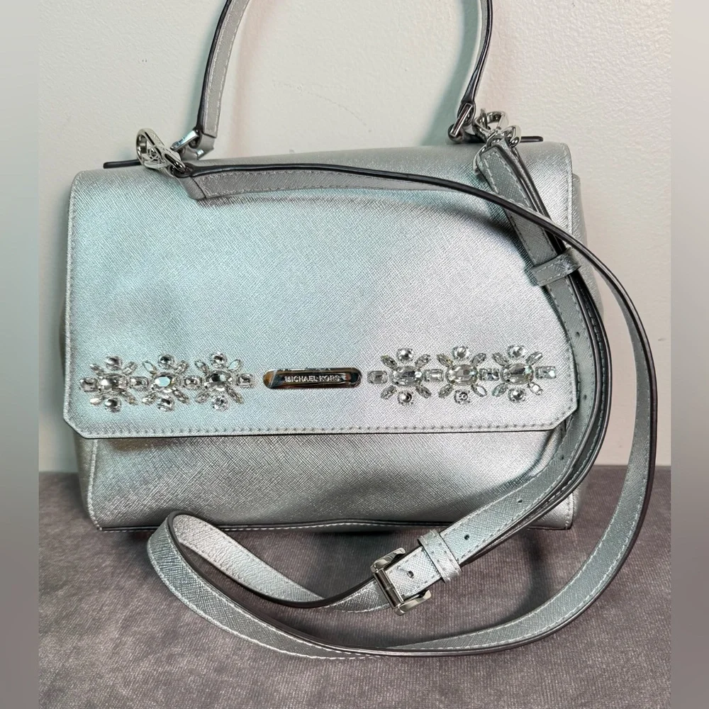 Michael Kors satchel crossbody Saffiano leather metallic silver crystal floral - Picture 9 of 16